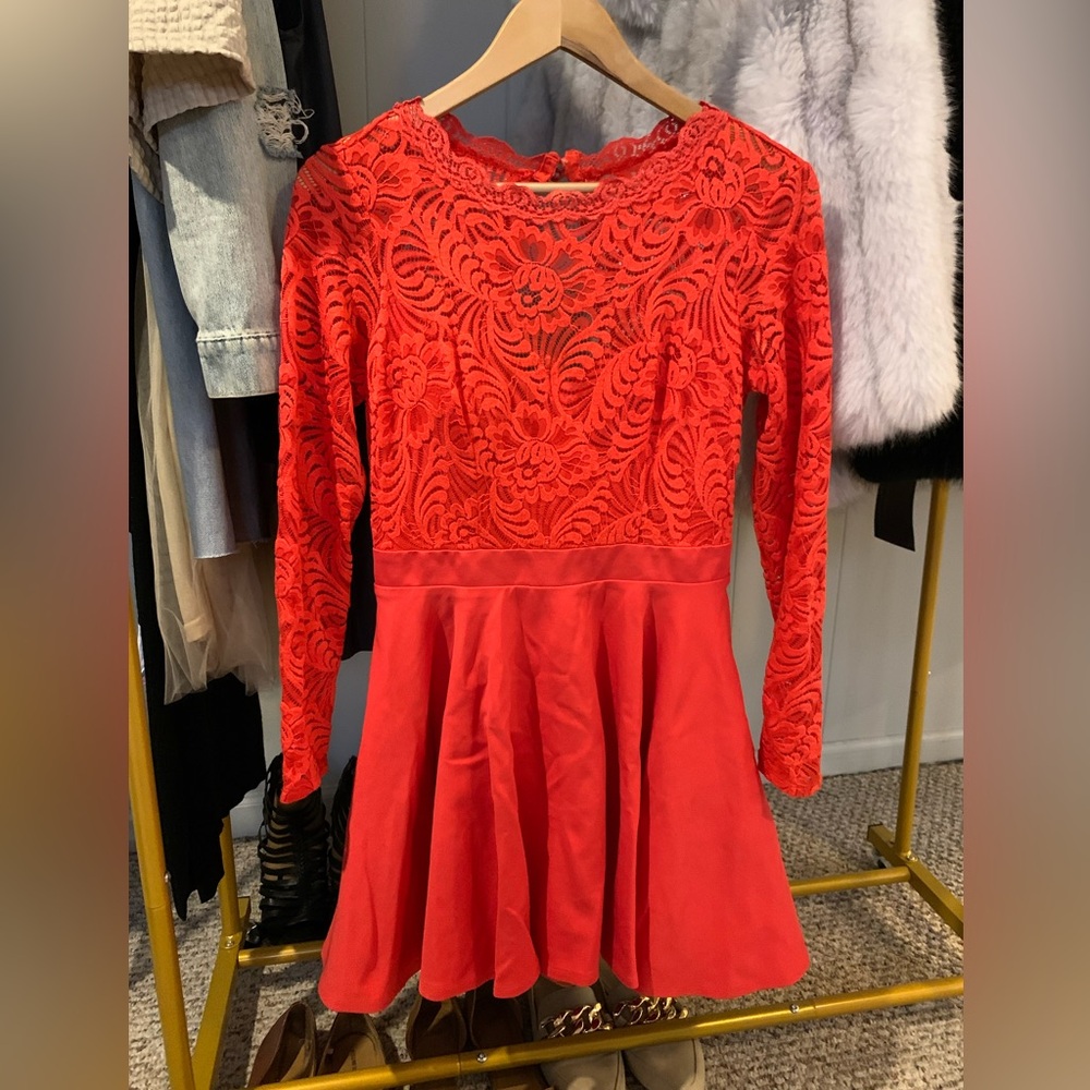 BEBE- Red Lace Long Sleeve Dress